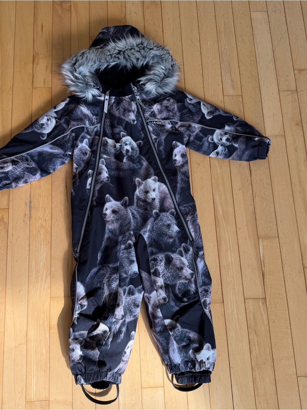 Molo Toddler winter jumpsuit with Gray Faux Fur Hood Trim 2T